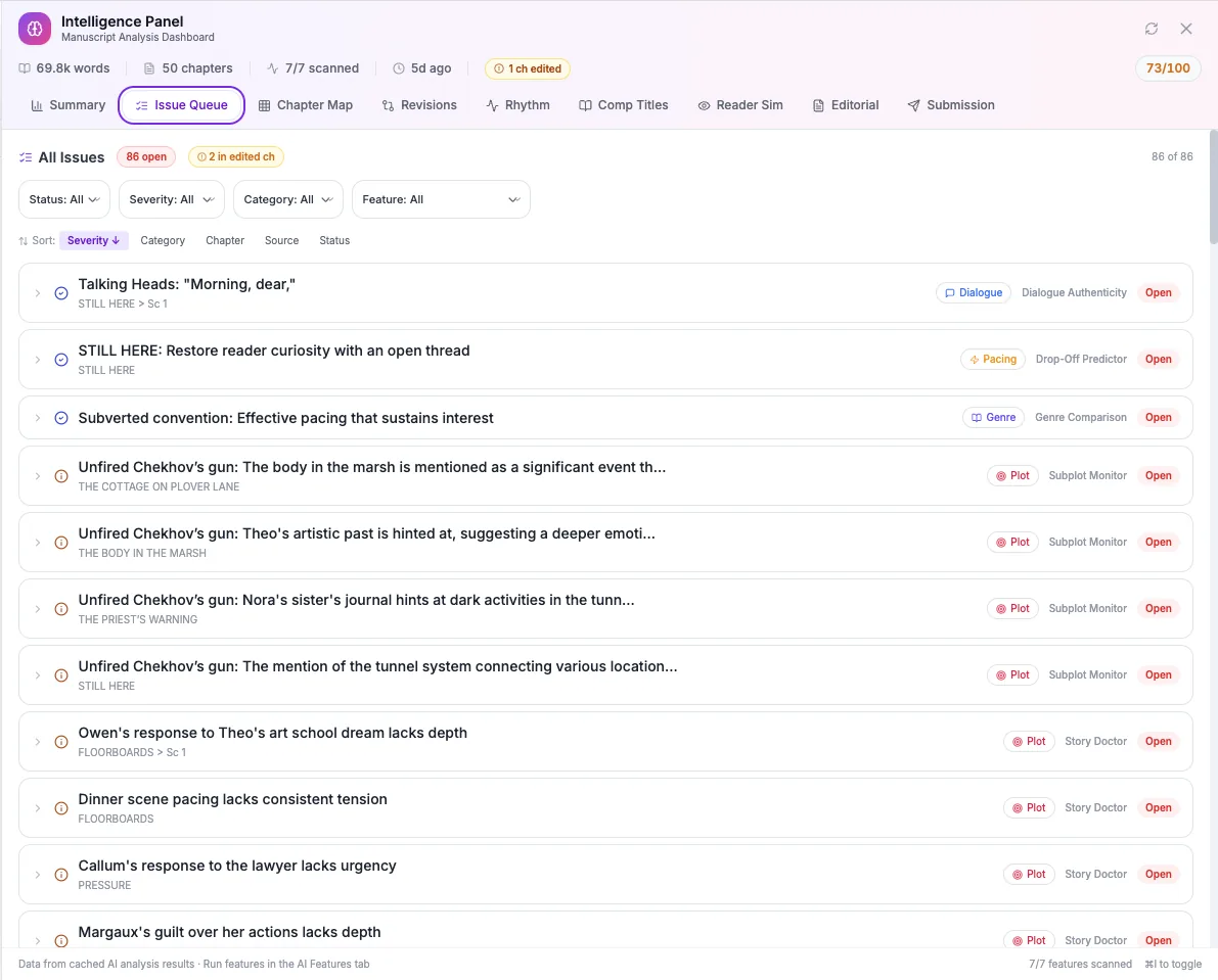BlurbBio Issue Queue listing 86 open manuscript issues with severity, category, chapter, and source feature filters