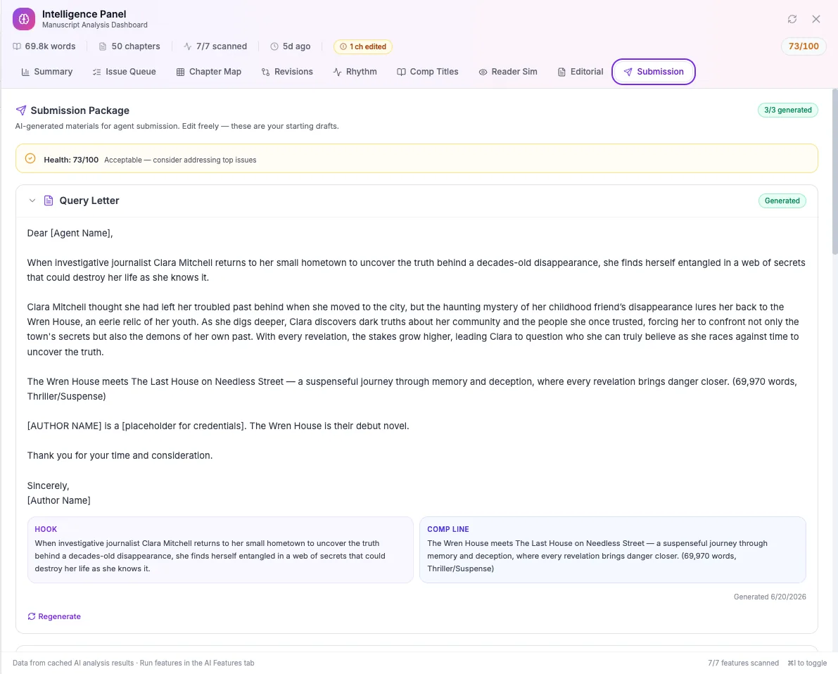 BlurbBio Submission Package showing a generated query letter draft with hook paragraph, story pitch, comp title line with word count and genre, and placeholder author bio